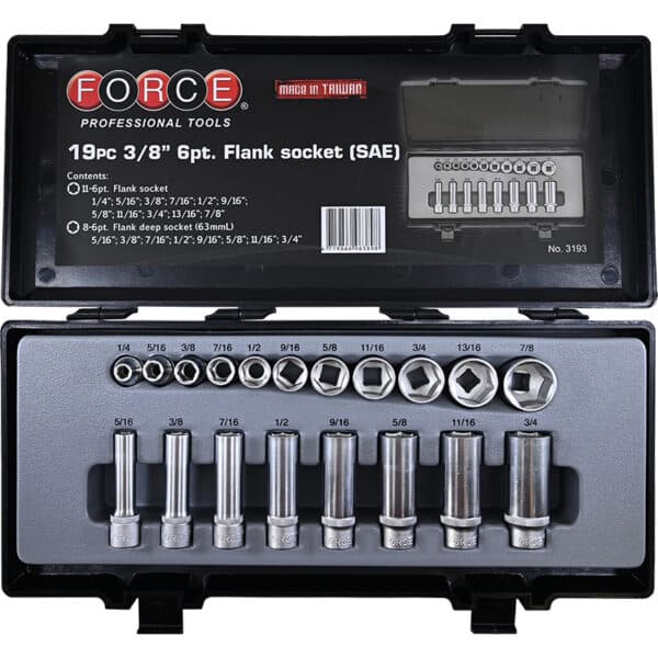3193-web-1-600x600-1.jpg 19PC 3/8" Drive 6PT Flank Socket Set 1/4"-7/8" 5/16"-3/4" 63MM Length - Image 1