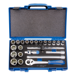 23PC 1/2" Drive Socket Set 6PT Metric Chrome - Ratchet, Flex Handle, Extension Bars & Tool Tray
