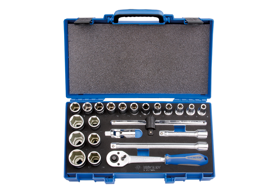 4523MRV01.png 23PC 1/2" Drive Socket Set 6PT Metric Chrome - Ratchet, Flex Handle, Extension Bars & Tool Tray - Image 1