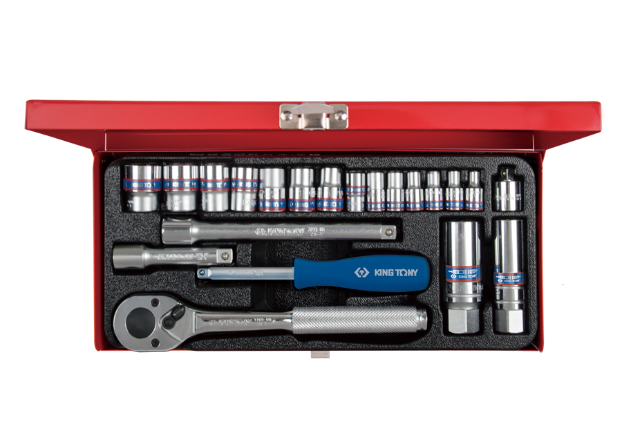 5022MR.png 21PC 1/4" & 3/8" Drive Socket Set 12PT Metric Chrome with Reversible Ratchet Handle & Extension Bars - Image 1