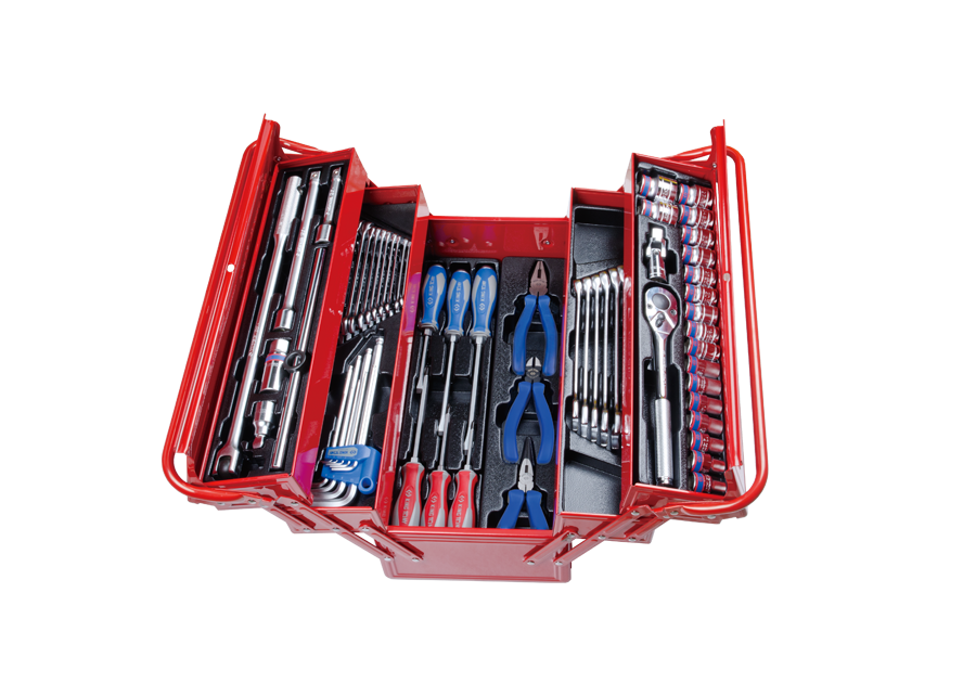 902-062MR.png 62PC 3 Section Fold Up Tool Box Set - Professional Steel Cantilever Toolbox with Metric Hand Tools - Image 1