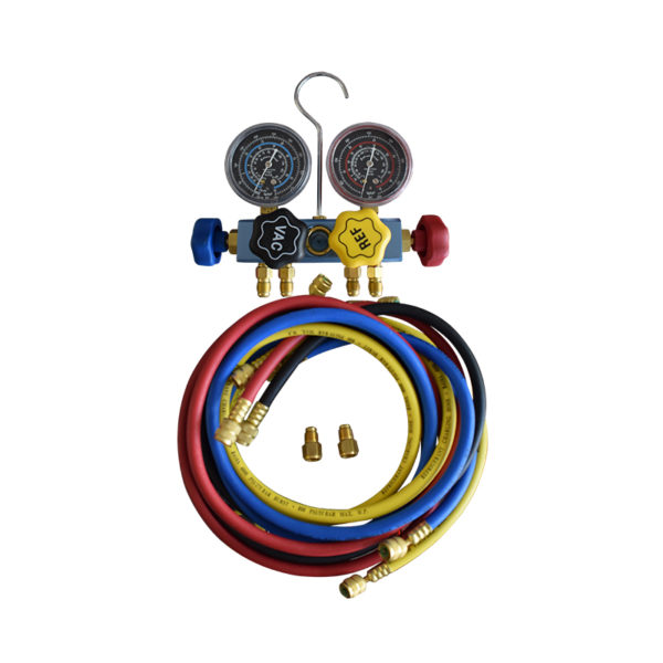 9G4107-web-600x600-1.jpg Aluminum 4 Way R410 AC Manifold Gauge Set with Sight Glass 80MM - Image 1